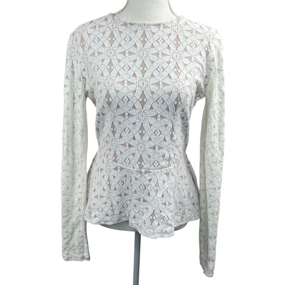 BCBG Maxzaria Estelle Off White Cream Lacy Overlay Top Shirt Size M Peplum Hem - Picture 1 of 13